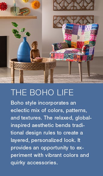 Image of a kantha chair, carved table and Lakshmi statue. Boho style incorporates an eclectic mix of colors, textures and patterns. The relaxed, global-inspired aesthetic bends traditional design rules to create a layered, personalized look. It provides an opportunity to experiment with vibrant colors and quirky accessories.