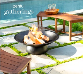 Image of Zen Fire Pit, Semi-Circular Eucalyptus Benches - shop zen garden retreat