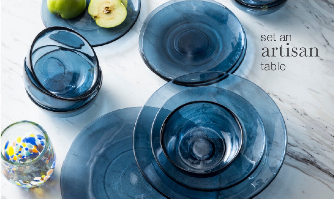 image of Blue Recycled Glass Dinnerware and Riviera Recycled Glassware - set an artisan table