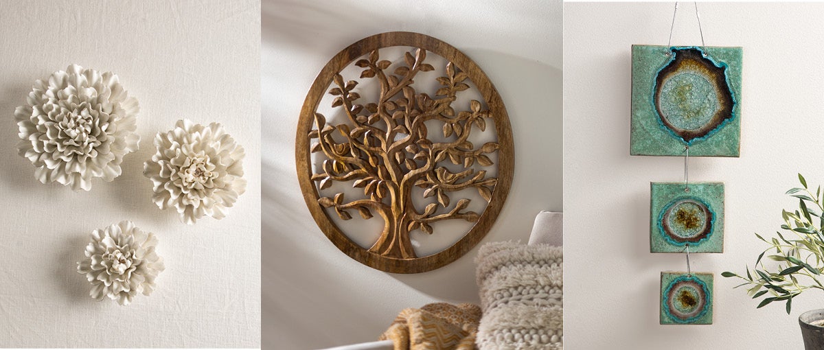 Image of Three-Tiered Ceramic Wall Hanging, Wooden Carved Tree of Life, Fresh Ceramic Wall Flowers  - shop wall décor.