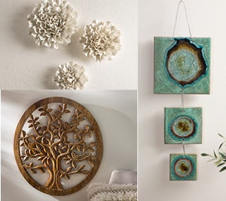 Image of Three-Tiered Ceramic Wall Hanging, Wooden Carved Tree of Life, Fresh Ceramic Wall Flowers  - shop wall décor.