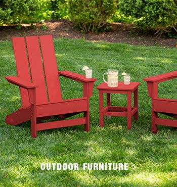 Image of Red Adirondacks with table - Outdoor Furniture