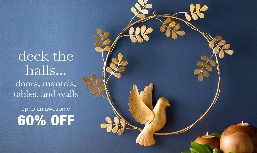 image of Metal Dove and Olive Branch Wreath and Red Preserved Leaf Wreath. deck the hall…doors, manels, tables and walls. up to an awesome 60% OFF