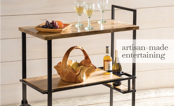 Image of Reclaimed Wood Bar Cart with Root Basket with Pears and Maya Clear Wine Glasses. artisan-made entertaining