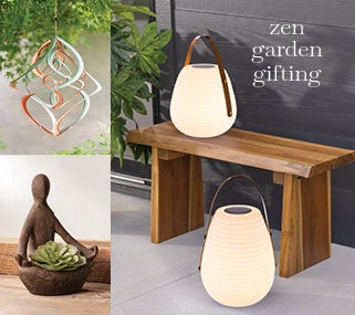Image of Small Garden Teak Bench, Offering Goddess Statue, Triple Spiral Hanging Spinner and Color Changing Beehive Solar Lantern Collection. zen garden gifting