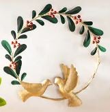 A metal wreath with doves and olive branch