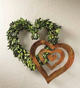 Image of Preserved Green Heart-Shaped Wreath and Hanging Flamed Copper Finish Triple Spinning Heart