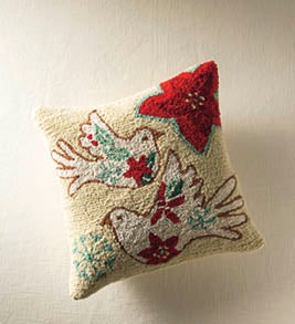 Image of Two Doves Holiday Hand-Hooked Wool Pillow