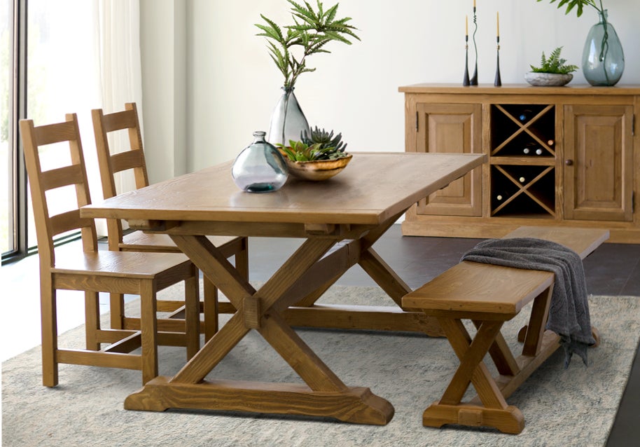Image of Vintage Fir X-Brace Dining Table and side wine console