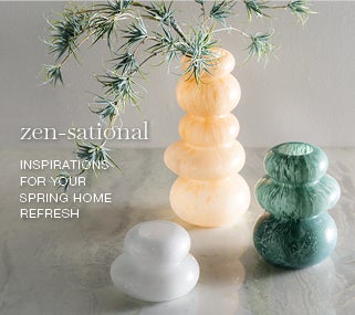Lifestyle Mobile Image of set of 3 cairn glass vases with rosemary branch in tall vase. zen-sational. INSPIRATIONS FOR YOUR SPRING HOME REFRESH