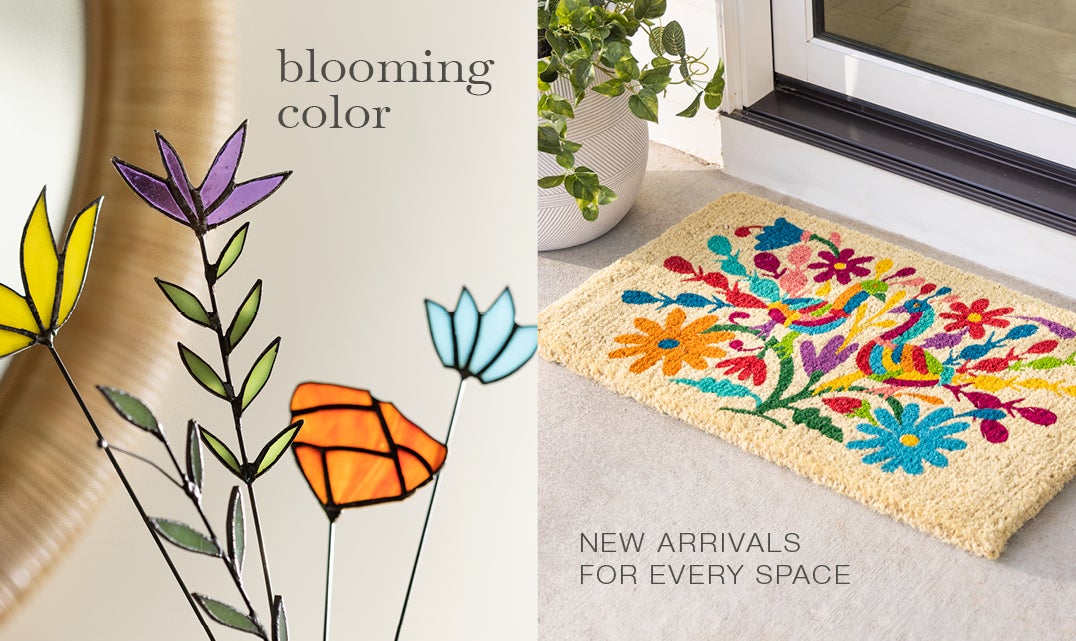 images of set of 5 wildflower stained glass bloom stakes and otomi mexican peacock coir door mat. blooming color. NEW ARRIVALS FOR EVERY SPACE.
