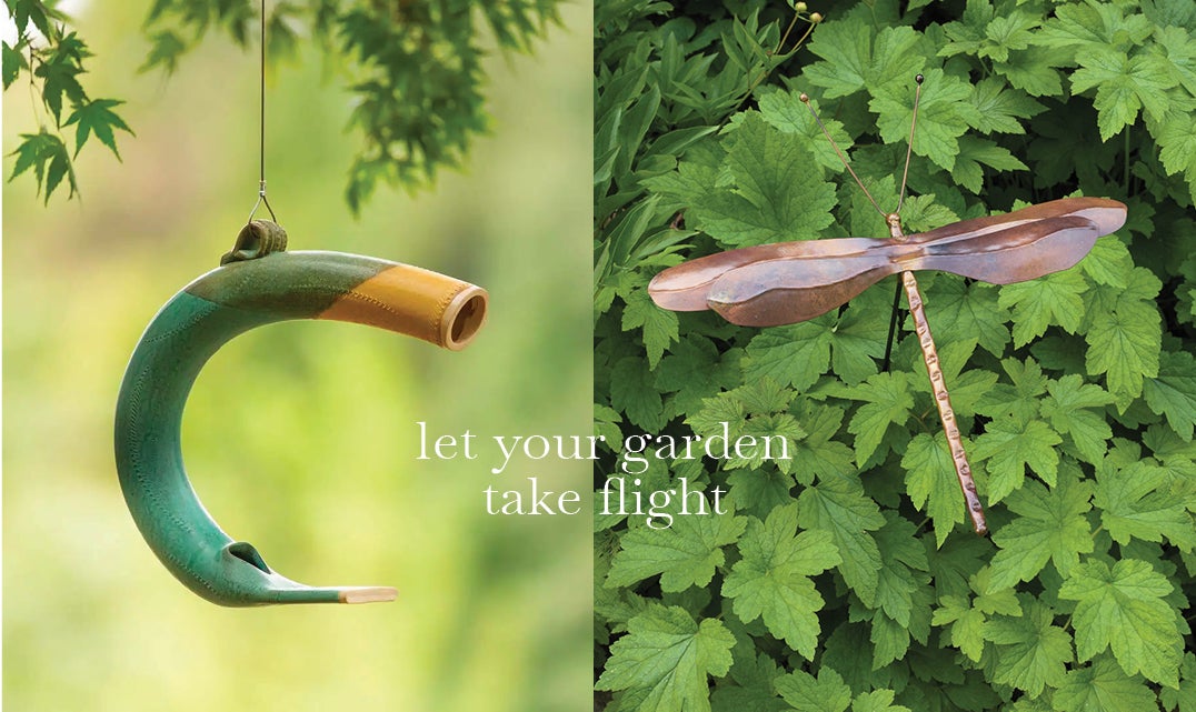 images of Green Ceramic Flute Bird Feeder + Copper-Finish Dragonfly Garden Stake. let your garden take flight.