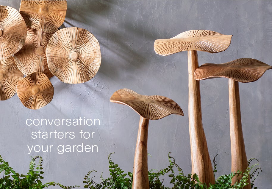Images of Artisan-Made Wood Mushroom Wall Art and Chinaberry Mushroom Garden Stakes. conversation starters for your garden