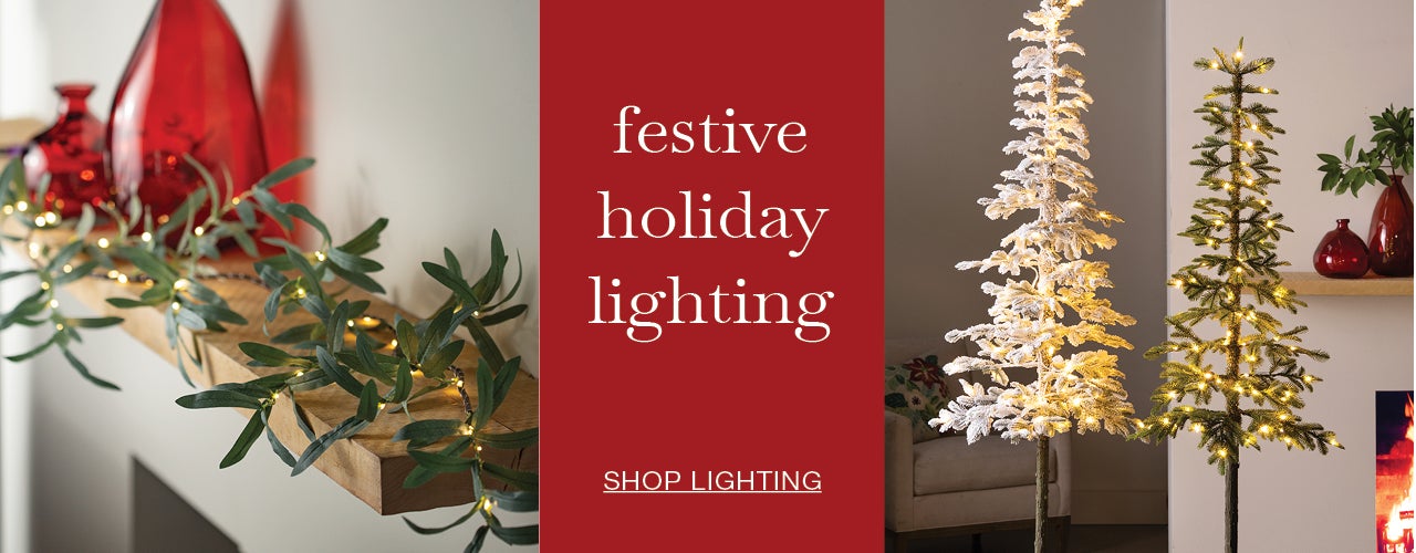 images of christmas trees and garland.  festive holiday lighting SHOP LIGHTING