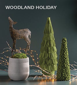 Image of a woodland deer stake in a planter beside teak wood and moss Christmas trees. Shop Woodland Holiday.