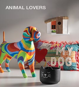 Image of a paper maché dog, cat-faced pot and mid-mod birdhouse. Shop Gifts for Animal Lovers.