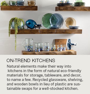 Natural elements find their way into kitchens in the form of natural eco-friendly materials for storage, tableware and decor, to name a few. Recycled glassware, shelving, and wooden bowls in lieu of plastic are sustainable swaps for a well-stocked kitchen.