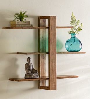 Image of Acacia Wood Adjustable Three-Tiered Wall Shelf