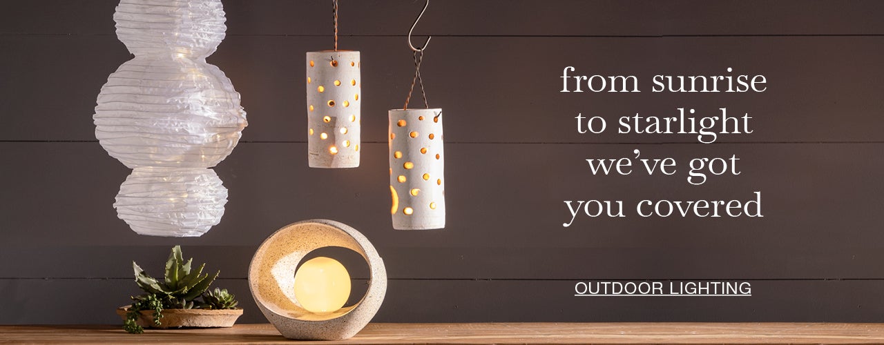 Image of 3-Light Stacked Hanging Solar Lantern and Handcrafted Clay Hanging Candle Lantern. from sunrise to starlight we've got you covered. OUTDOOR LIGHTING