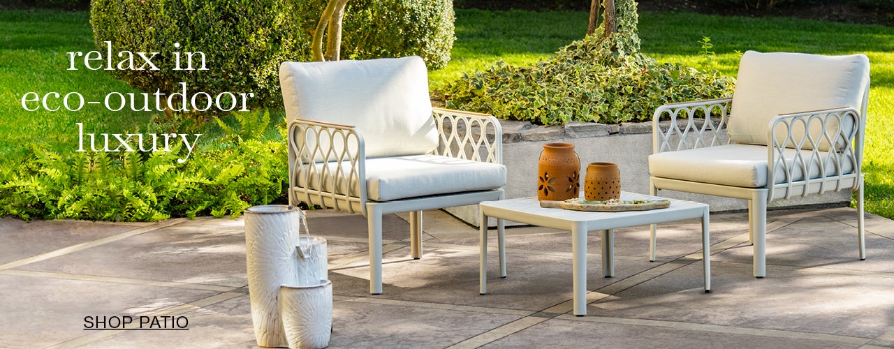 Image of Recycled Plastic 3-Piece Chat Set in backyard patio. relaxe in eco-outdoor luxury.  SHOP PATIO