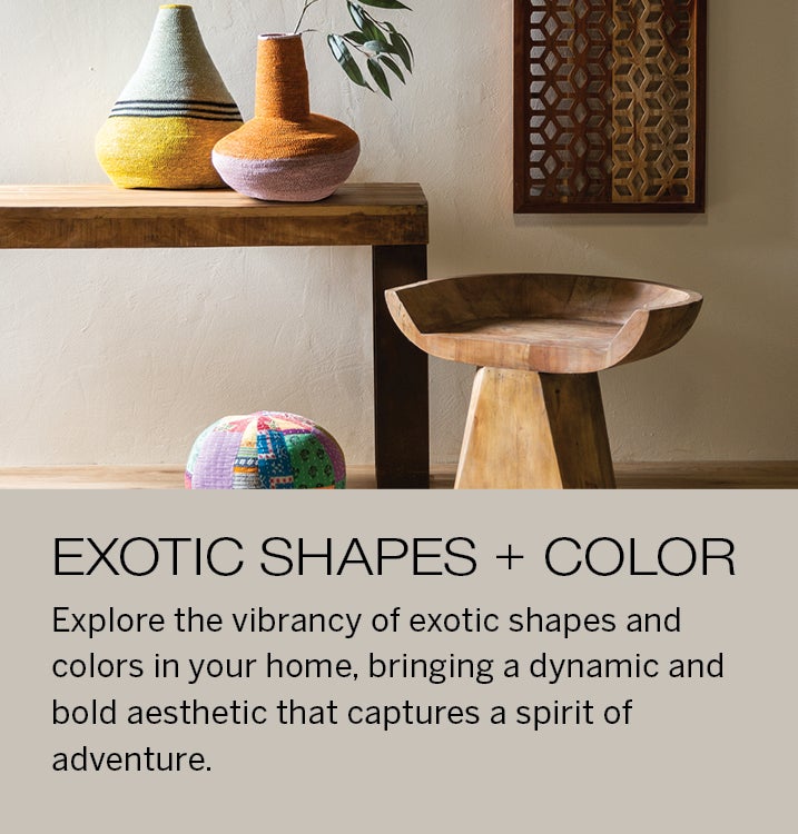 Image of colorful decor. Exotic Shapes + Color. Explore the vibrancy of exotic shapes and colors in your home, bringing a dynamic and bold aesthetic that captures a spirit of adventure.