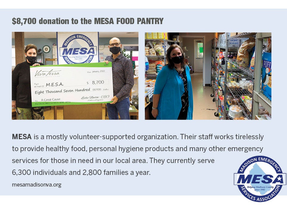 <b />$8,700 donation to the MESA FOOD PANTRY</b><br />MADISON EMERGENCY SERVICES ASSOCIATION FOOD PANTRY. MESA is a mostly volunteer-supported organization. Their staff works tirelessly to provide healthy food, personal hygiene products and many other emergency services for those in need in our local area. They currently serve 6,300 individuals and 2,800 families a year.