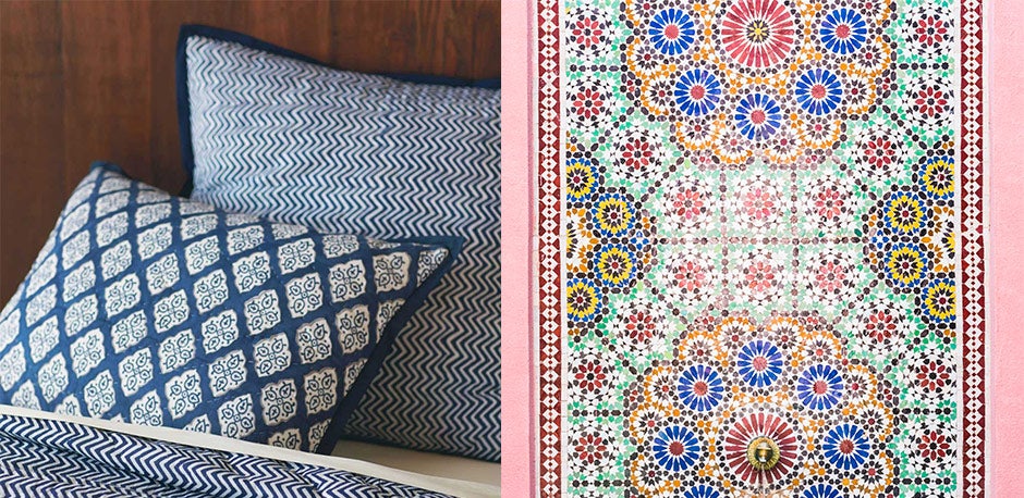 moroccan design pillows and wall tile