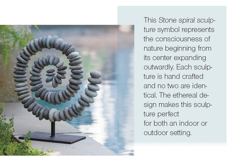 This Stone spiral sculpture symbol represents the consciousness of nature beginning from its center expanding outwardly. Each sculpture is hand crafted and no two are identical. The ethereal design makes this sculpture perfect for both an inoor or outdoor setting.