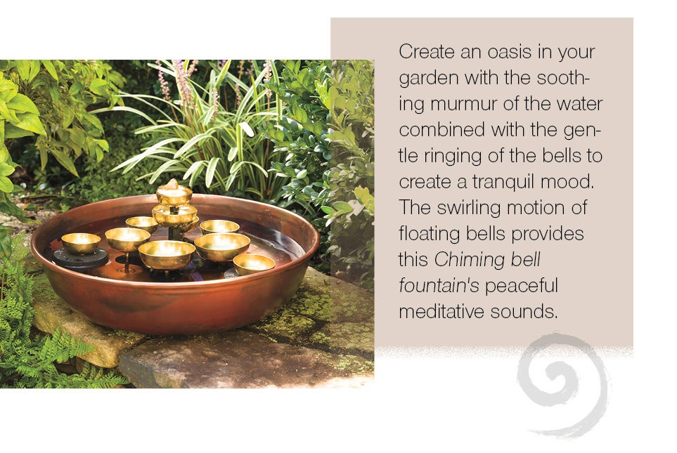 Create an oasis in your garden with the soothing murmur of the water combined with the gentle ringing of the bells to create a tranquil mood. The swirling motion of floating bells provides this Chiming bell fountain's peaceful meditative sounds.
