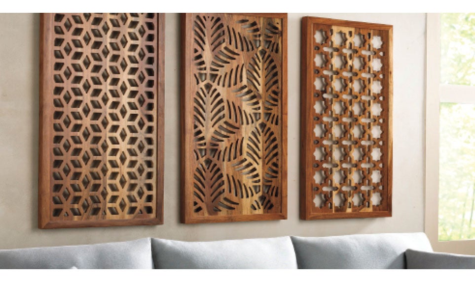 Acacia Wood Laser Cutout Wall Panels in Diamond, Leaf and Star Patterns