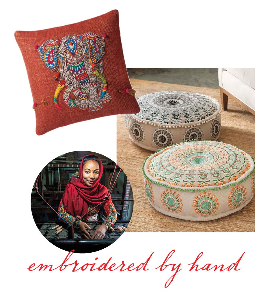 embroidered by hand floor cushions and pillow