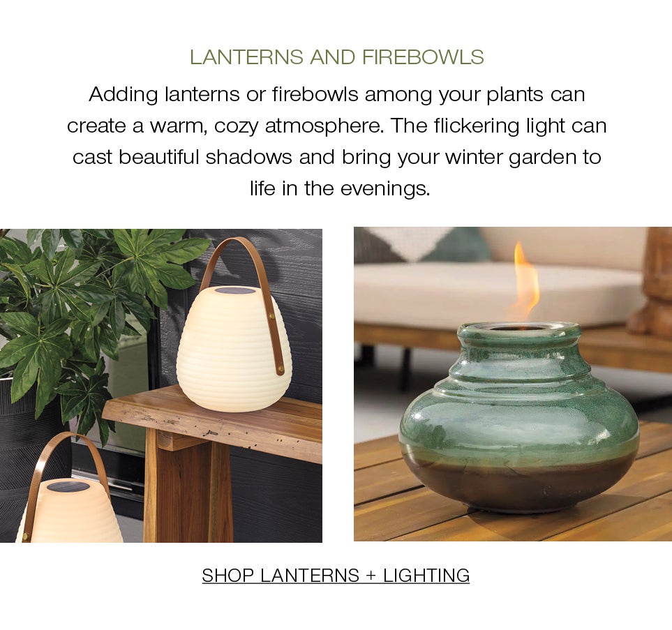 Lanterns and Firebowls<br />Adding lanterns or firebowls among your plants can create a warm, cozy atmosphere. The flickering light can cast beautiful shadows and bring your winter garden to life in the evenings.